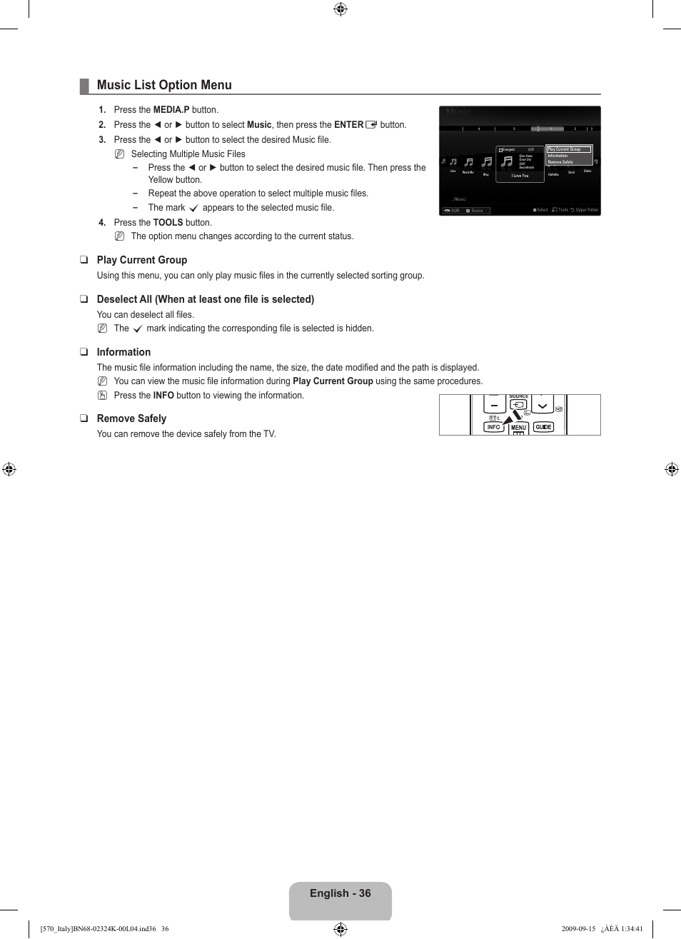 Music list option menu, English - 36, Play current group | Deselect all (when at least one file is selected), Information, Remove safely, You can remove the device safely from the tv, N   n | Samsung LE46B579A5S User Manual | Page 38 / 221