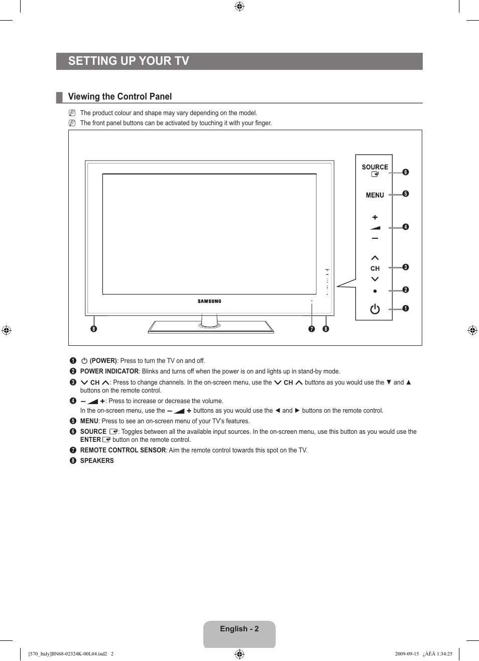 Seting up your tv, Viewing the control panel, Setting up your tv | Samsung LE46B579A5S User Manual | Page 4 / 221