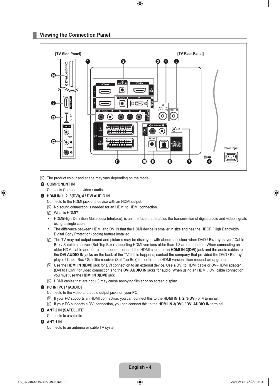 Viewing the connection panel | Samsung LE46B579A5S User Manual | Page 6 / 221