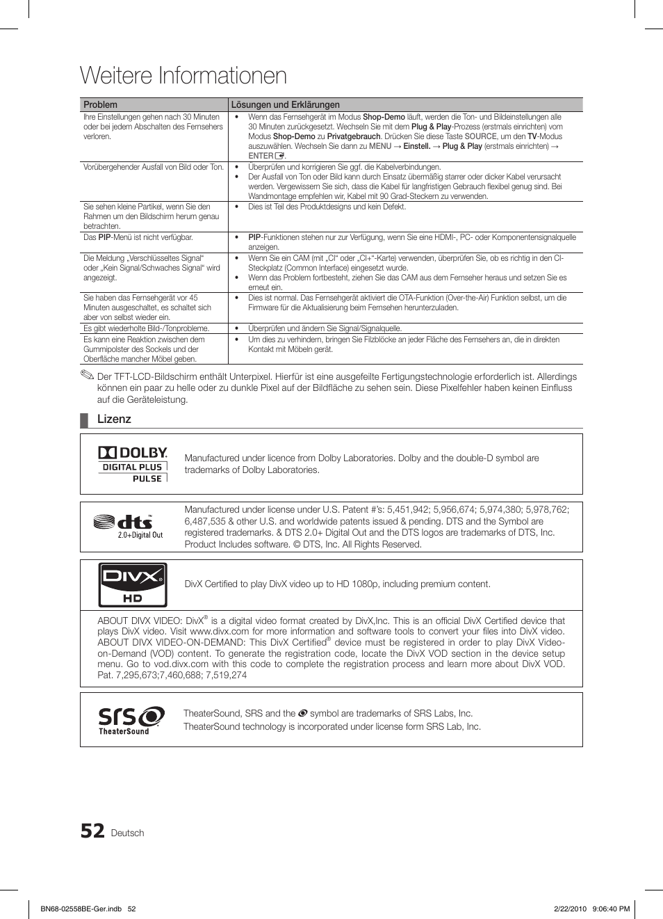 Weitere informationen, Lizenz | Samsung LE46C653M2W User Manual | Page 106 / 217