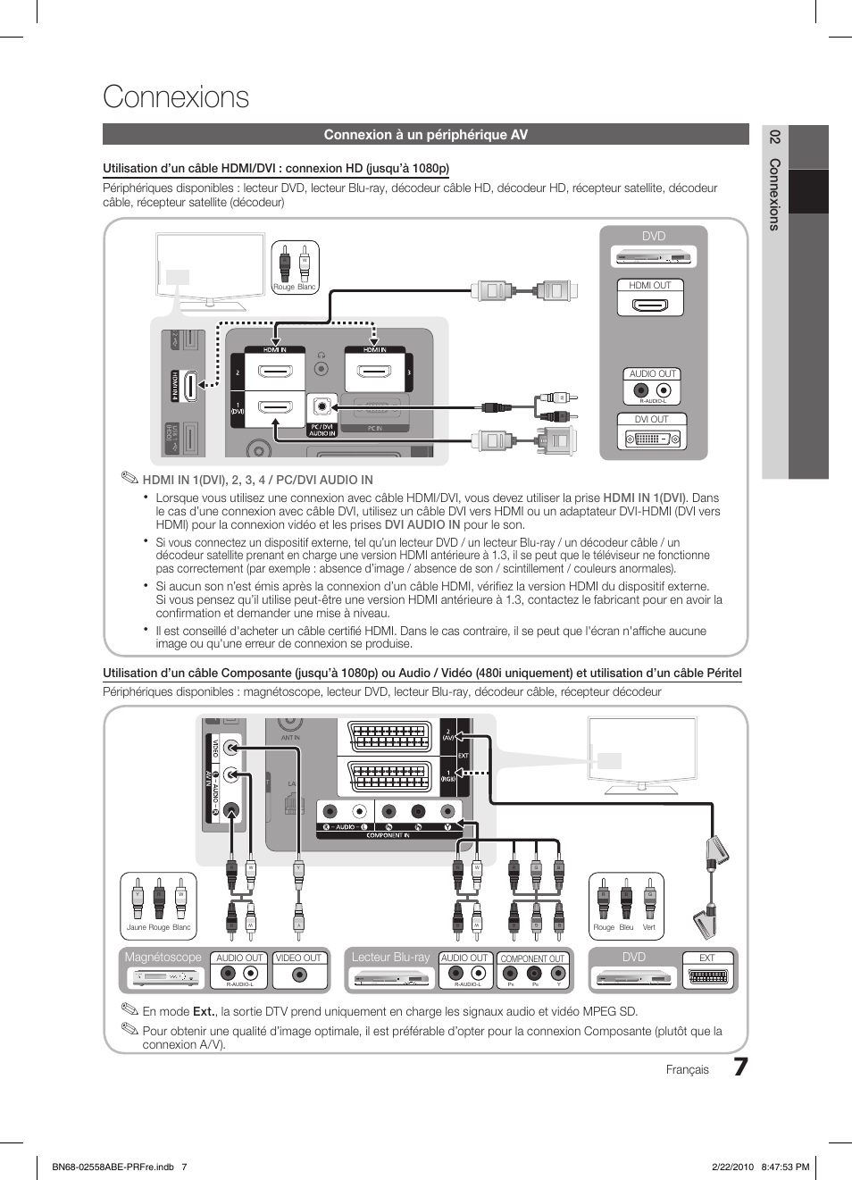 Connexions, 02 connexions, Connexion à un périphérique av | Français, Connexion a/v), Dvd lecteur blu-ray dvd magnétoscope | Samsung LE46C653M2W User Manual | Page 115 / 217