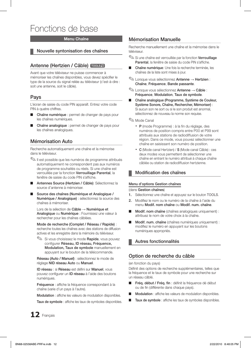 Fonctions de base, Antenne (hertzien / câble), Pays | Mémorisation auto, Mémorisation manuelle, Option de recherche du câble | Samsung LE46C653M2W User Manual | Page 120 / 217