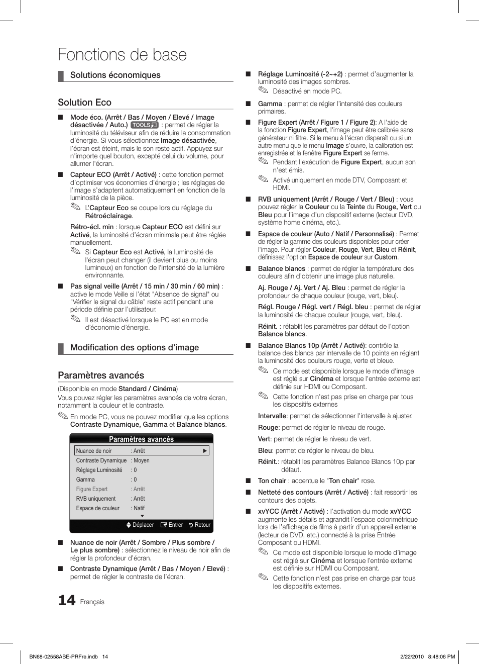 Fonctions de base, Solution eco, Paramètres avancés | Samsung LE46C653M2W User Manual | Page 122 / 217