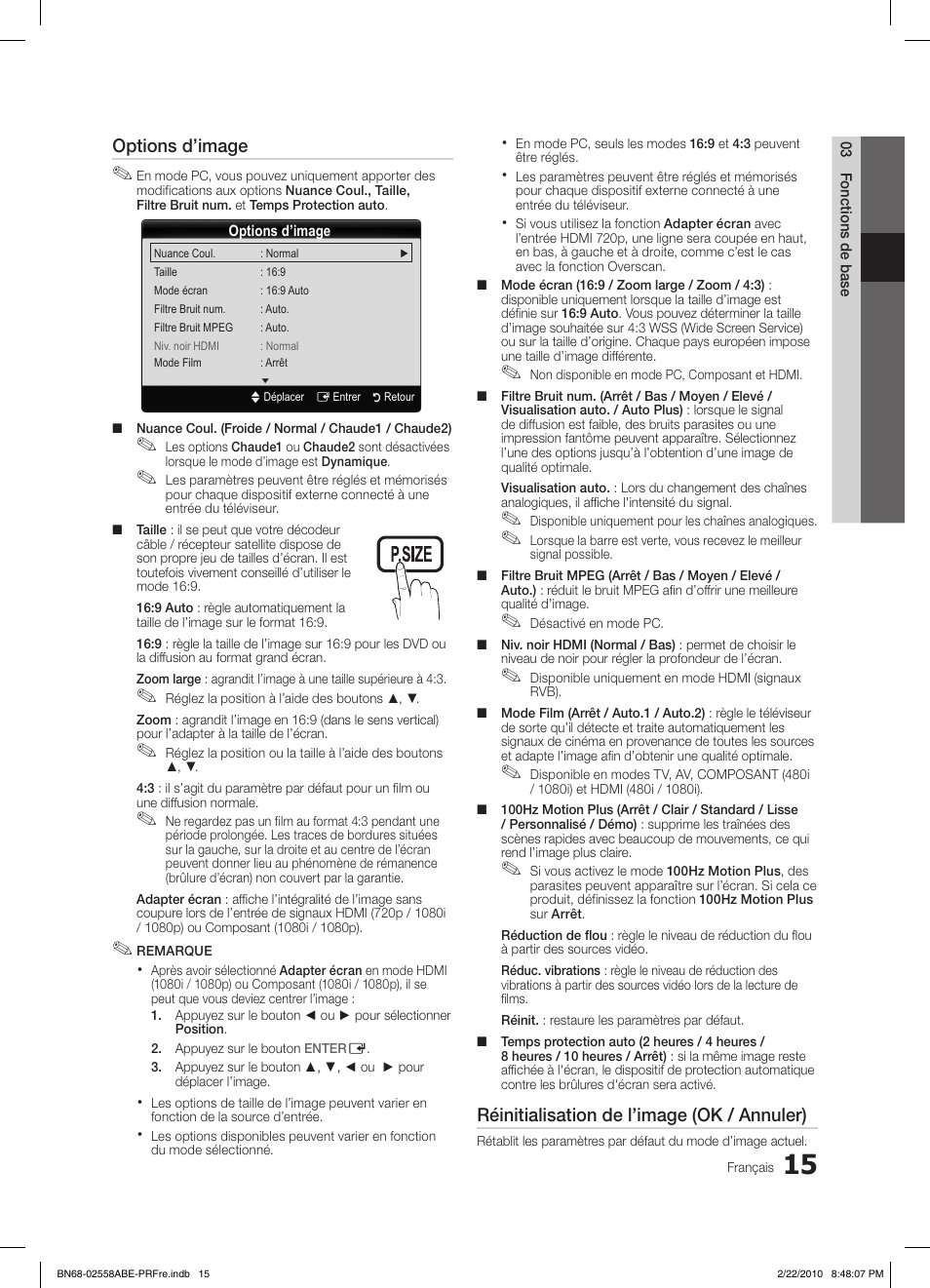 Options d’image, Réinitialisation de l’image (ok / annuler) | Samsung LE46C653M2W User Manual | Page 123 / 217