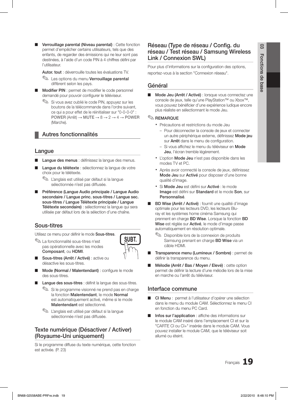 Autres fonctionnalités ¦ langue, Sous-titres, Général | Interface commune | Samsung LE46C653M2W User Manual | Page 127 / 217