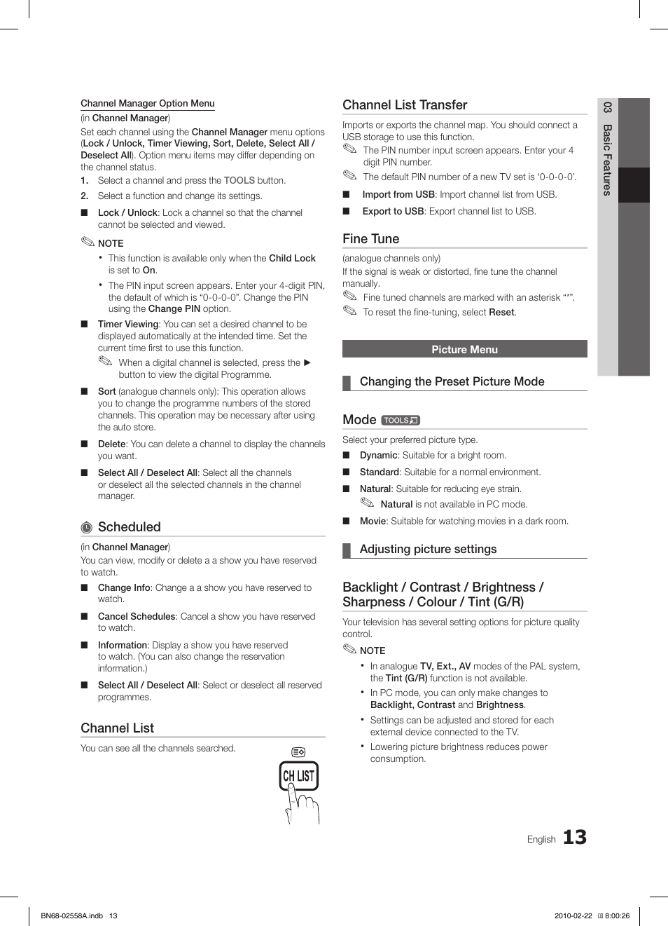 Scheduled, Channel list, Channel list transfer | Fine tune, Mode | Samsung LE46C653M2W User Manual | Page 13 / 217