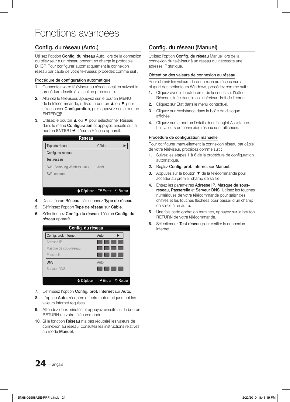 Fonctions avancées, Config. du réseau (auto.), Config. du réseau (manuel) | Samsung LE46C653M2W User Manual | Page 132 / 217