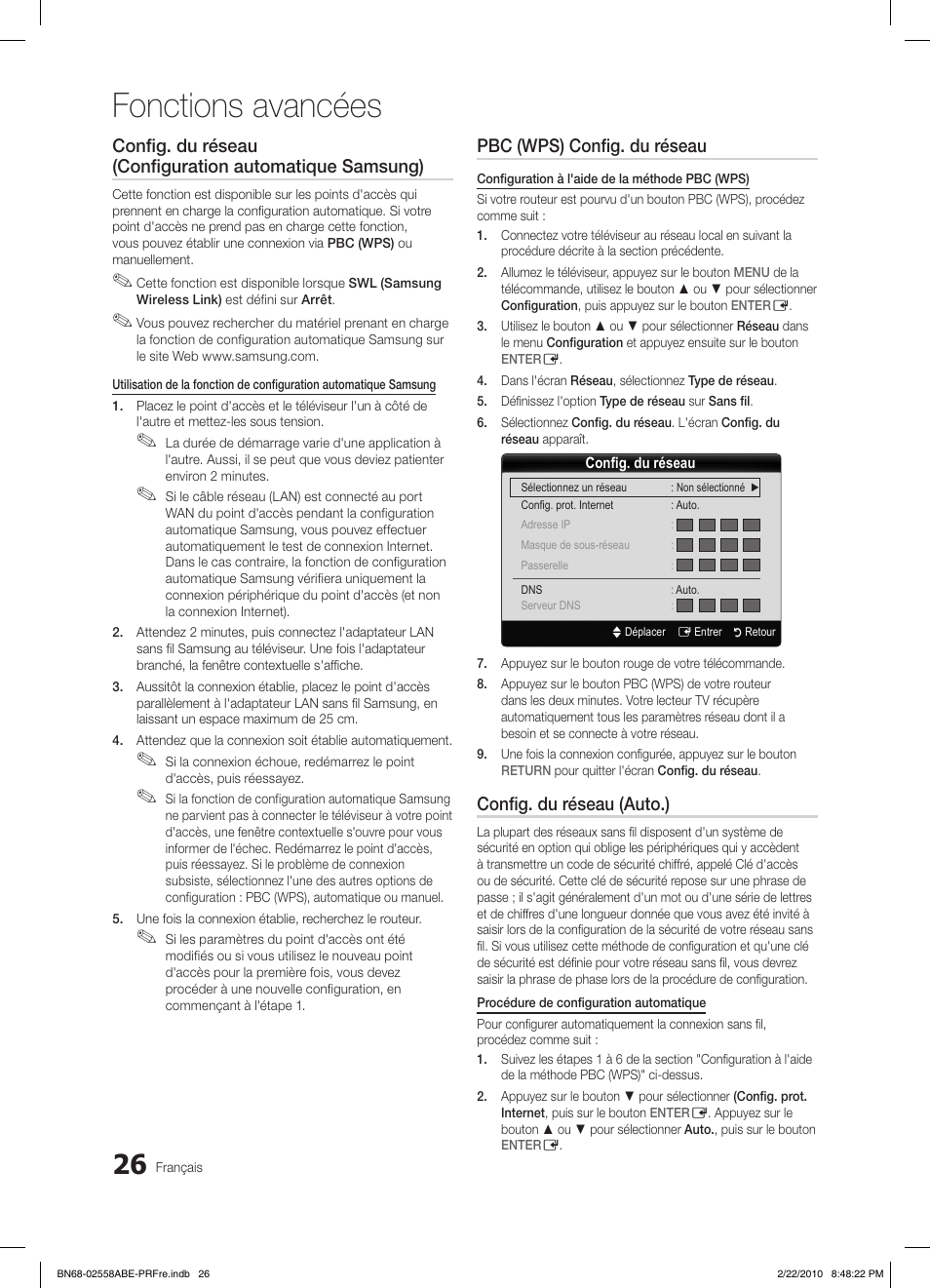 Fonctions avancées, Pbc (wps) config. du réseau, Config. du réseau (auto.) | Samsung LE46C653M2W User Manual | Page 134 / 217