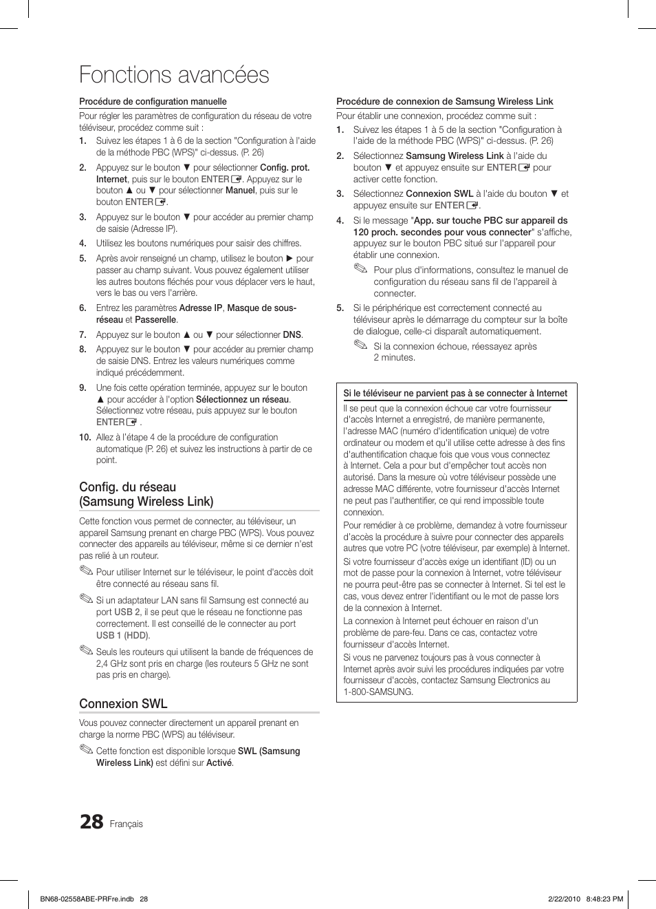 Fonctions avancées, Config. du réseau (samsung wireless link), Connexion swl | Samsung LE46C653M2W User Manual | Page 136 / 217