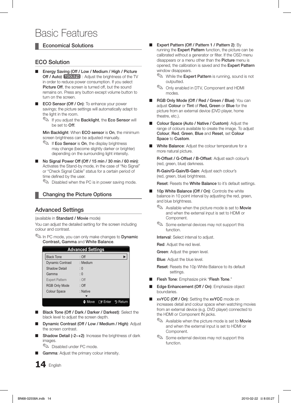 Basic features, Eco solution, Advanced settings | Samsung LE46C653M2W User Manual | Page 14 / 217