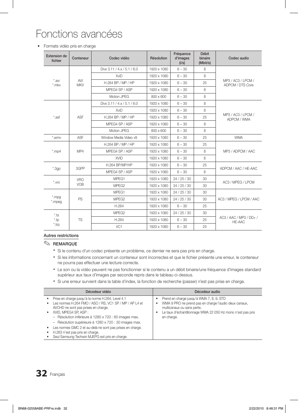 Fonctions avancées | Samsung LE46C653M2W User Manual | Page 140 / 217