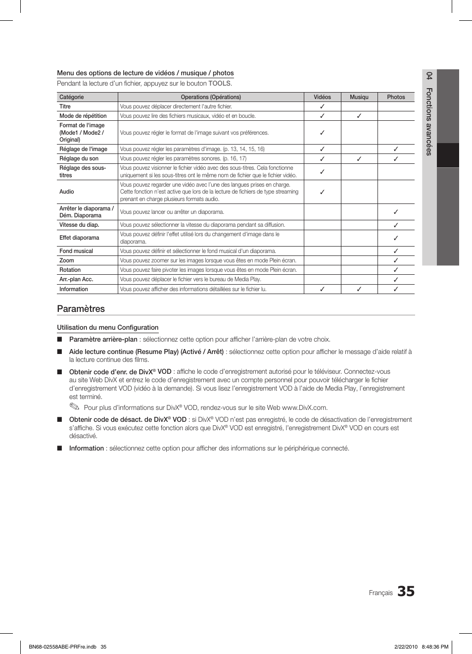Paramètres | Samsung LE46C653M2W User Manual | Page 143 / 217