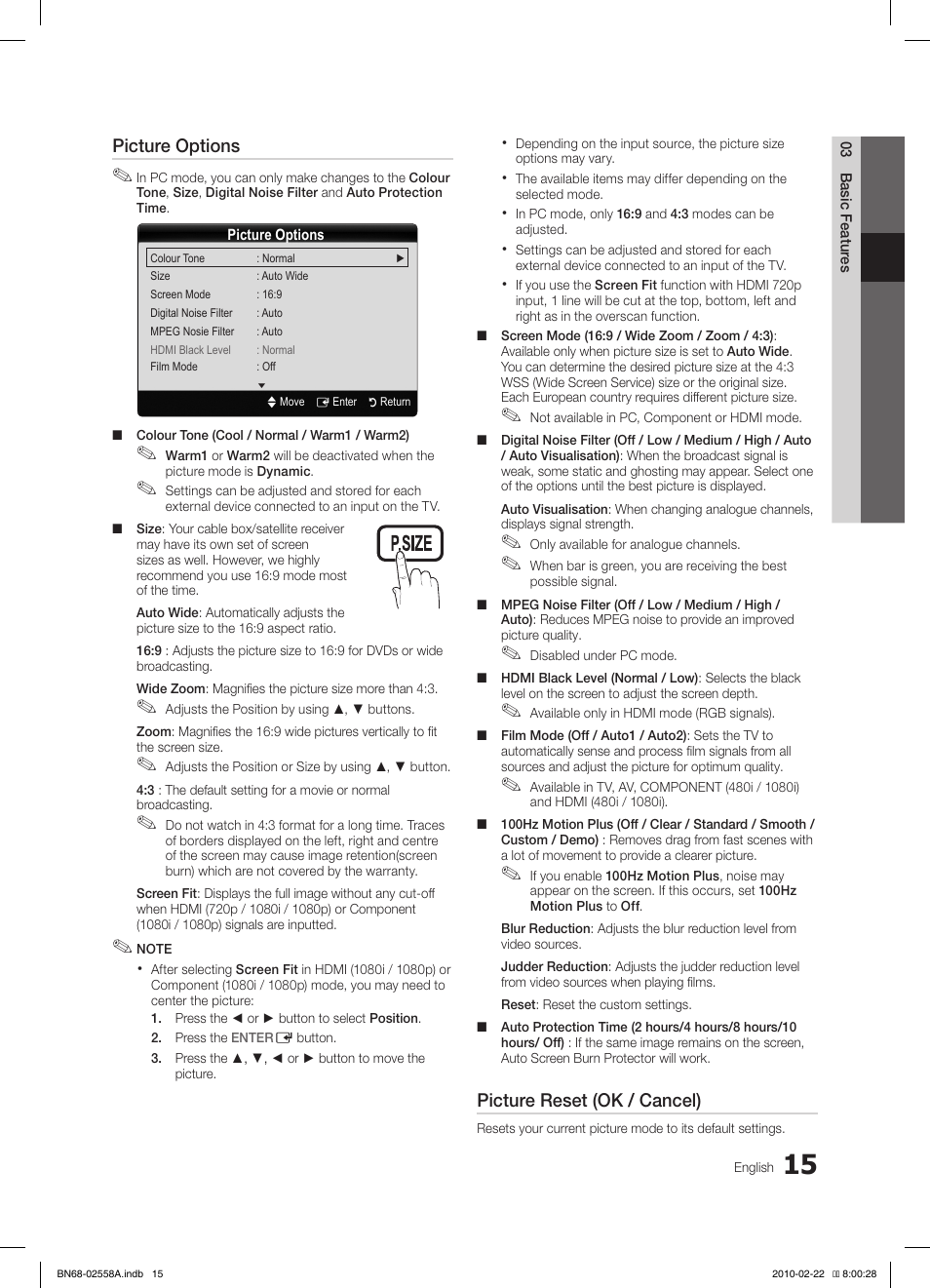 Picture options, Picture reset (ok / cancel) | Samsung LE46C653M2W User Manual | Page 15 / 217