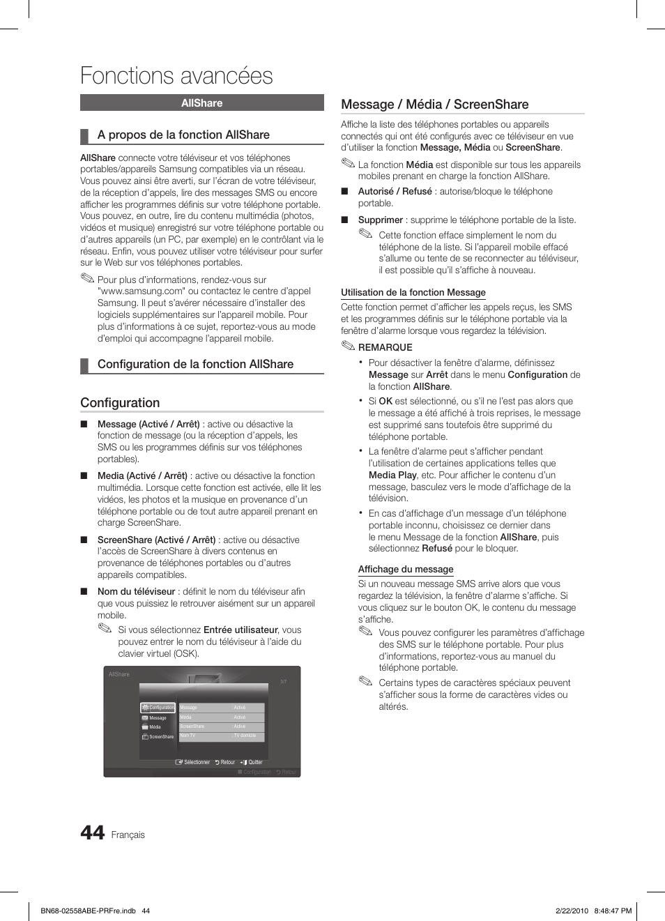 Fonctions avancées, Configuration, Message / média / screenshare | Samsung LE46C653M2W User Manual | Page 152 / 217