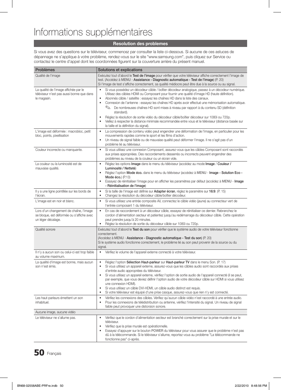 Informations supplémentaires | Samsung LE46C653M2W User Manual | Page 158 / 217