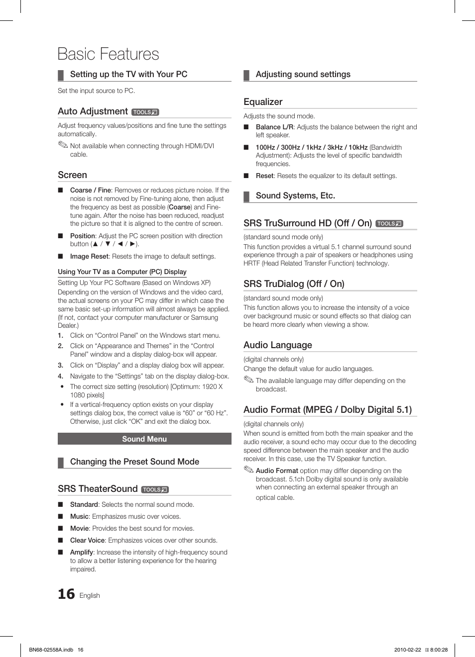 Basic features, Auto adjustment, Screen | Srs theatersound, Equalizer, Srs trusurround hd (off / on), Srs trudialog (off / on), Audio language, Audio format (mpeg / dolby digital 5.1) | Samsung LE46C653M2W User Manual | Page 16 / 217