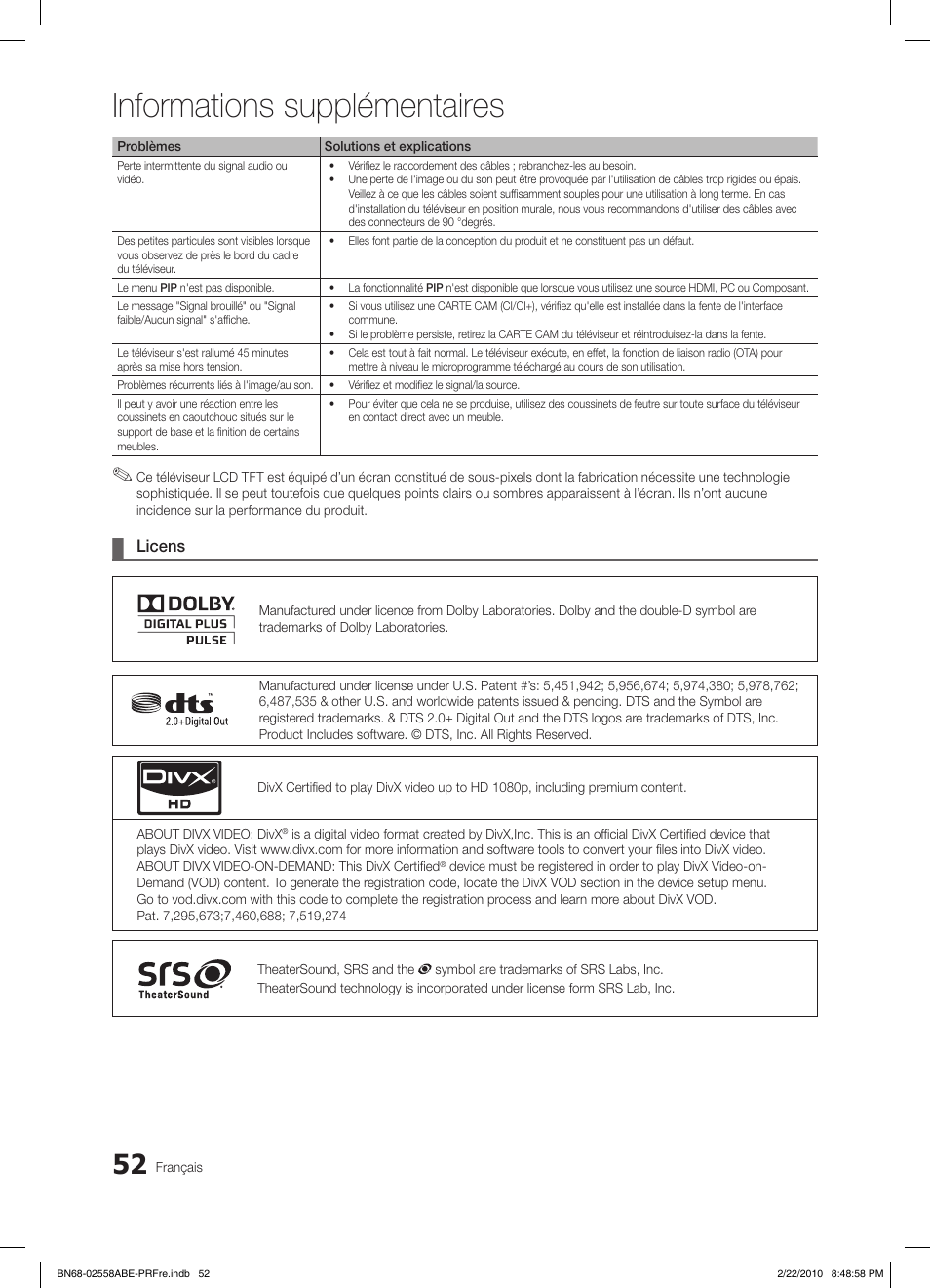 Informations supplémentaires, Licens | Samsung LE46C653M2W User Manual | Page 160 / 217