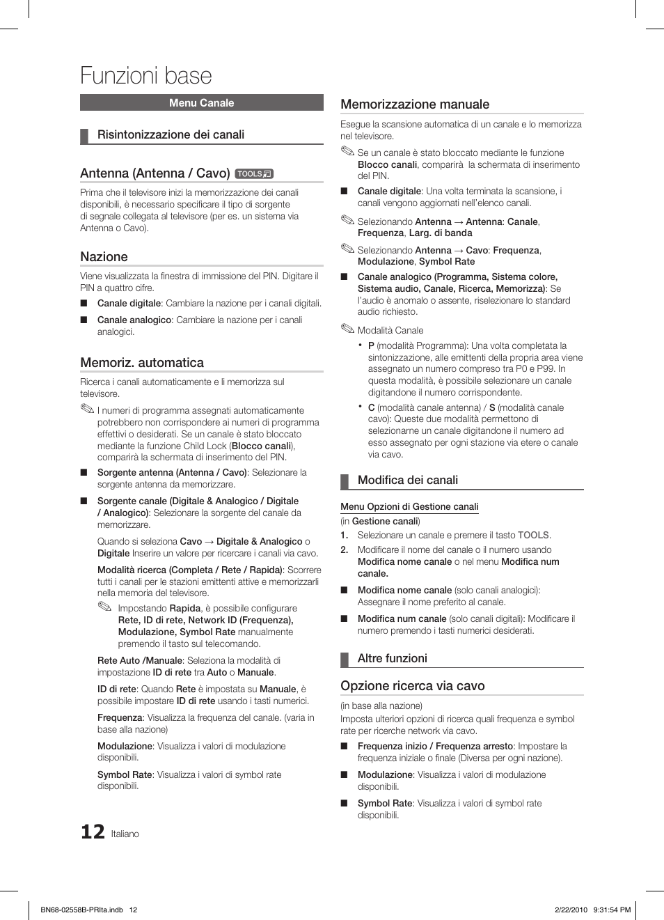 Funzioni base, Antenna (antenna / cavo), Nazione | Opzione ricerca via cavo | Samsung LE46C653M2W User Manual | Page 174 / 217