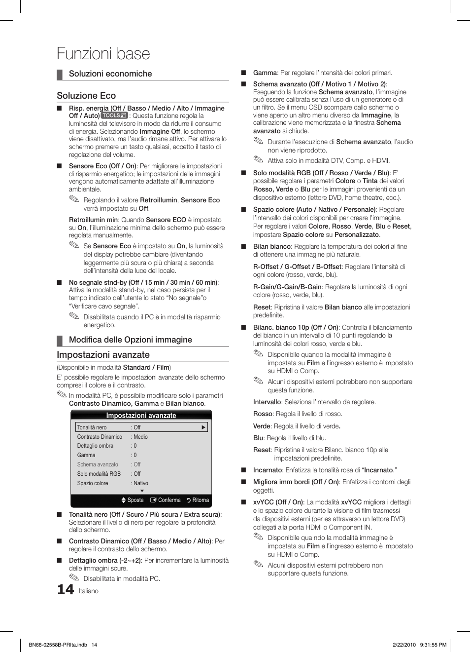 Funzioni base, Soluzione eco, Impostazioni avanzate | Samsung LE46C653M2W User Manual | Page 176 / 217