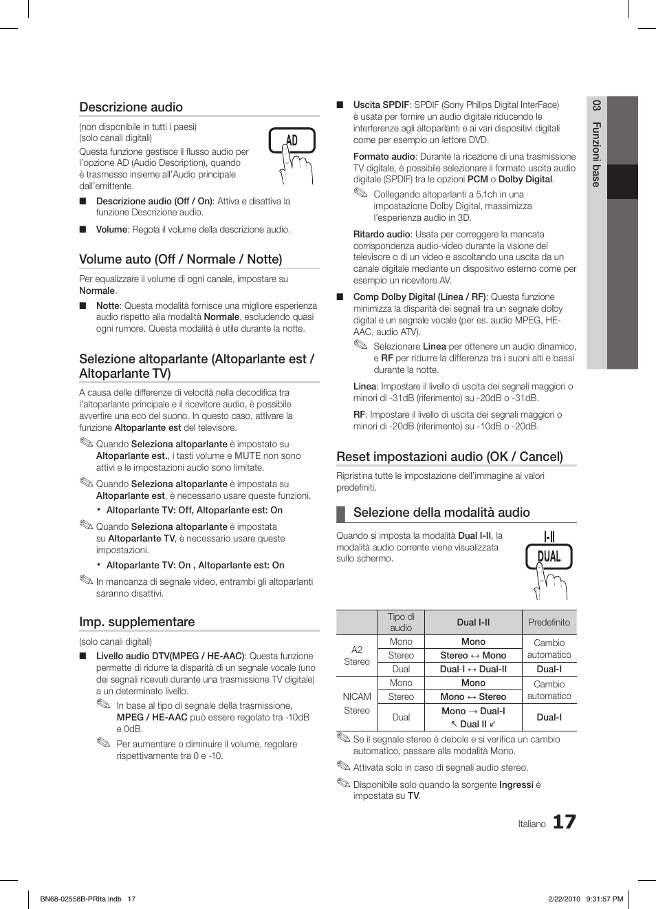 Descrizione audio, Volume auto (off / normale / notte), Imp. supplementare | Reset impostazioni audio (ok / cancel), Selezione della modalità audio | Samsung LE46C653M2W User Manual | Page 179 / 217