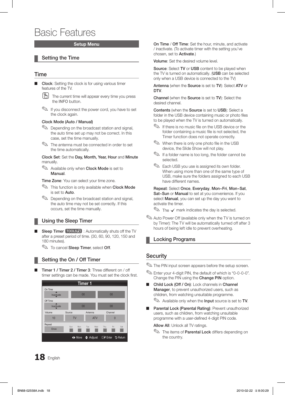 Basic features, Time, Security | Samsung LE46C653M2W User Manual | Page 18 / 217