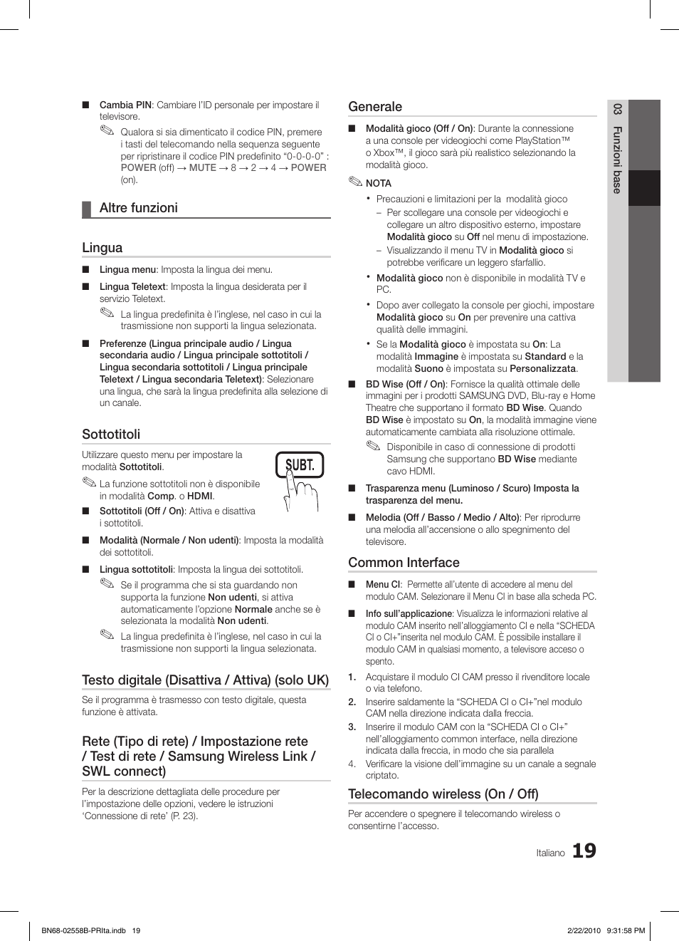 Altre funzioni ¦ lingua, Sottotitoli, Testo digitale (disattiva / attiva) (solo uk) | Generale, Common interface, Telecomando wireless (on / off) | Samsung LE46C653M2W User Manual | Page 181 / 217