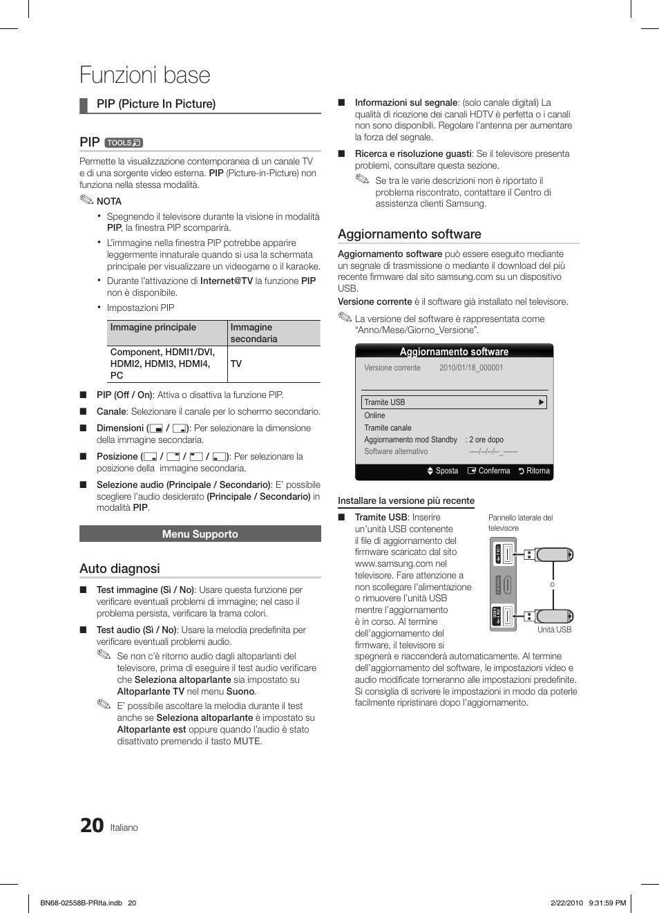 Funzioni base, Auto diagnosi, Aggiornamento software | Samsung LE46C653M2W User Manual | Page 182 / 217