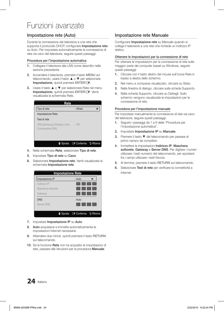 Funzioni avanzate, Impostazione rete (auto), Impostazione rete manuale | Samsung LE46C653M2W User Manual | Page 186 / 217