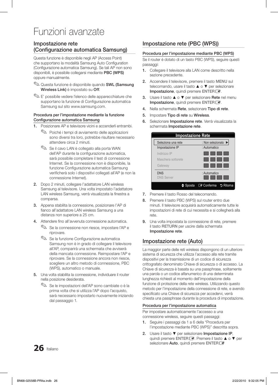 Funzioni avanzate, Impostazione rete (pbc (wps)), Impostazione rete (auto) | Samsung LE46C653M2W User Manual | Page 188 / 217