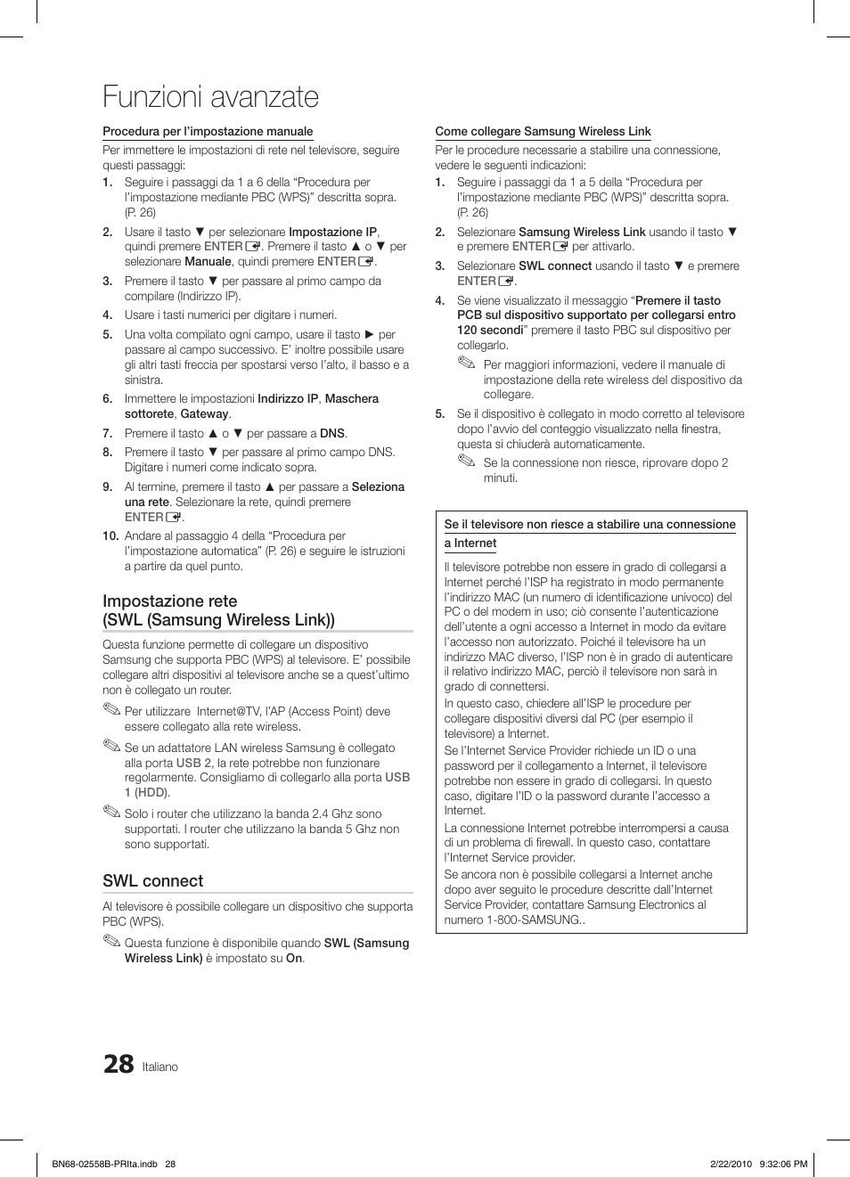 Funzioni avanzate, Impostazione rete (swl (samsung wireless link)), Swl connect | Samsung LE46C653M2W User Manual | Page 190 / 217