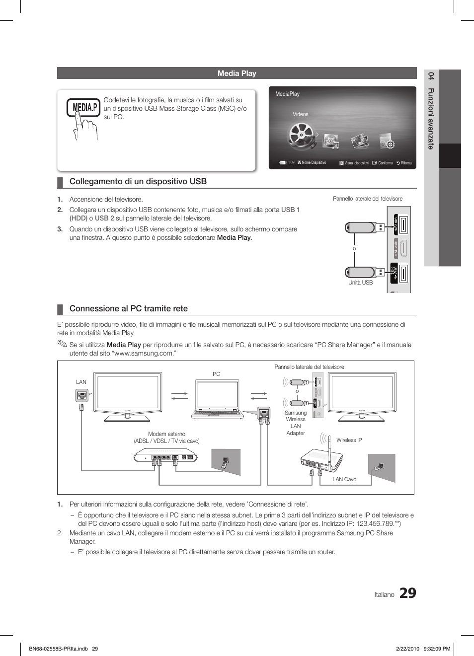 Collegamento di un dispositivo usb, Connessione al pc tramite rete | Samsung LE46C653M2W User Manual | Page 191 / 217