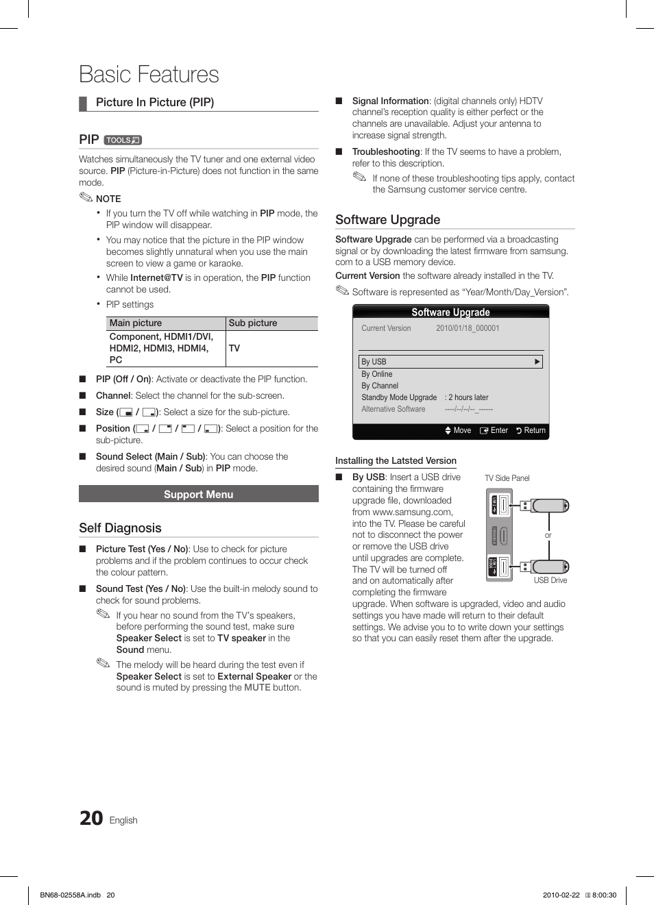 Basic features, Self diagnosis, Software upgrade | Samsung LE46C653M2W User Manual | Page 20 / 217
