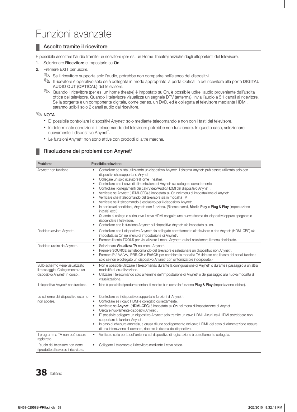 Funzioni avanzate, Ascolto tramite il ricevitore, Risoluzione dei problemi con anynet | Samsung LE46C653M2W User Manual | Page 200 / 217