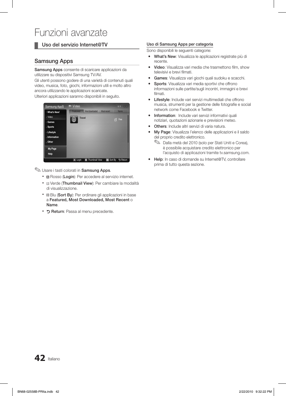 Funzioni avanzate, Samsung apps, Uso del servizio internet@tv | Samsung LE46C653M2W User Manual | Page 204 / 217