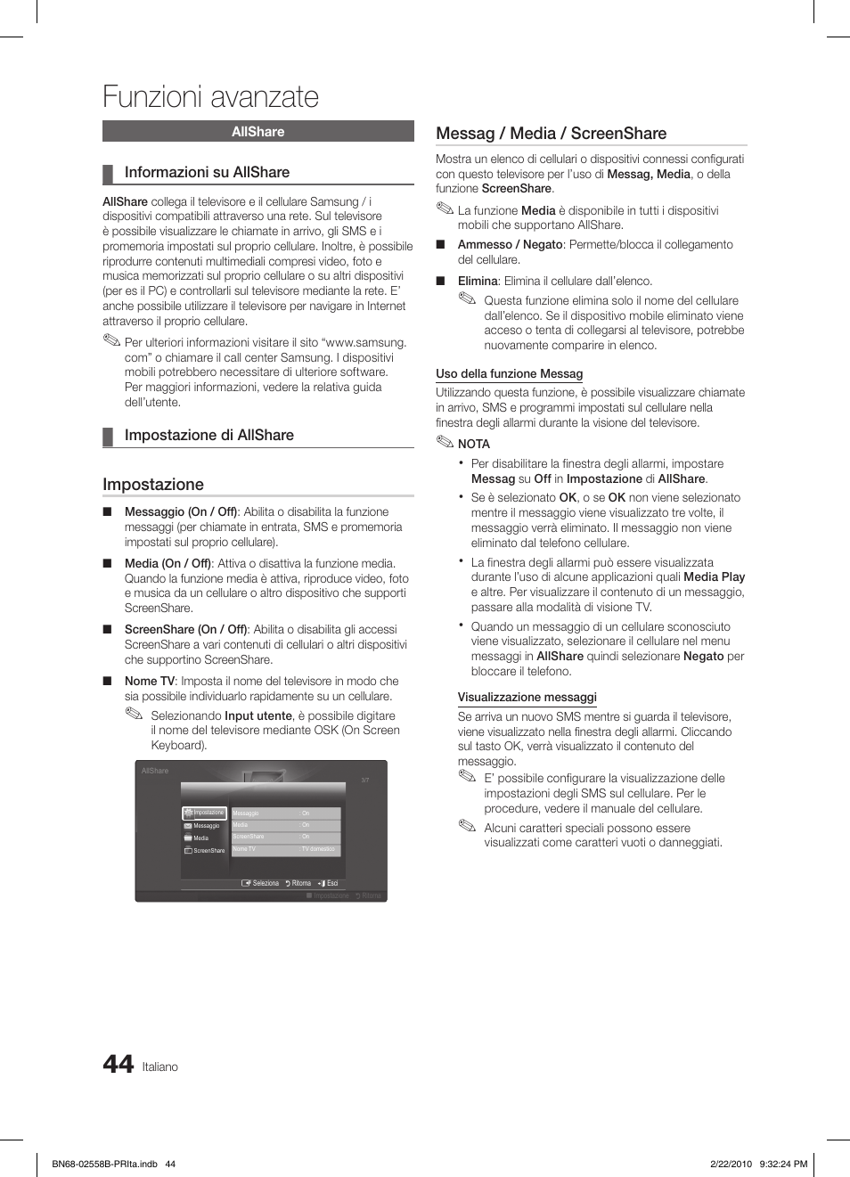 Funzioni avanzate, Impostazione, Messag / media / screenshare | Samsung LE46C653M2W User Manual | Page 206 / 217
