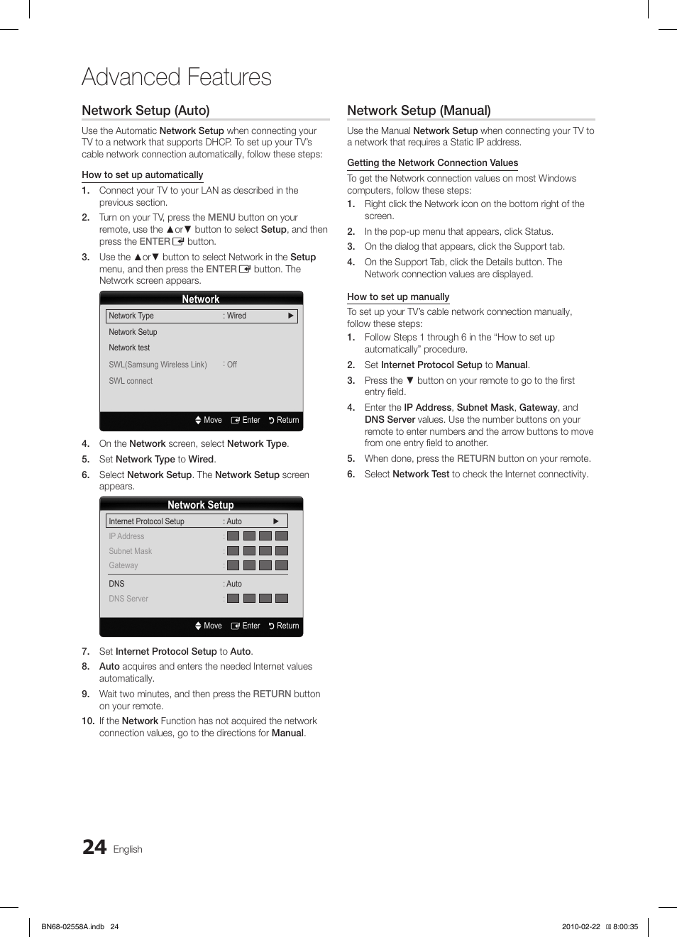 Advanced features, Network setup (auto), Network setup (manual) | Samsung LE46C653M2W User Manual | Page 24 / 217
