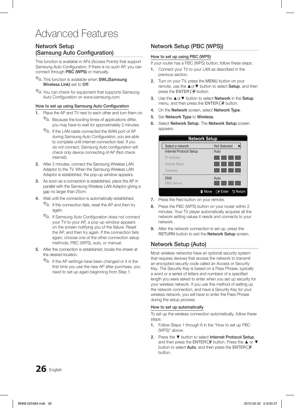 Advanced features, Network setup (samsung auto configuration), Network setup (pbc (wps)) | Network setup (auto) | Samsung LE46C653M2W User Manual | Page 26 / 217