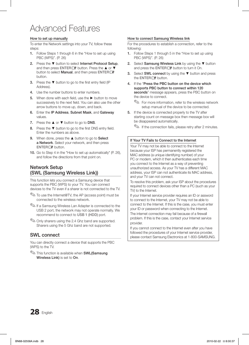 Advanced features, Network setup (swl (samsung wireless link)), Swl connect | Samsung LE46C653M2W User Manual | Page 28 / 217