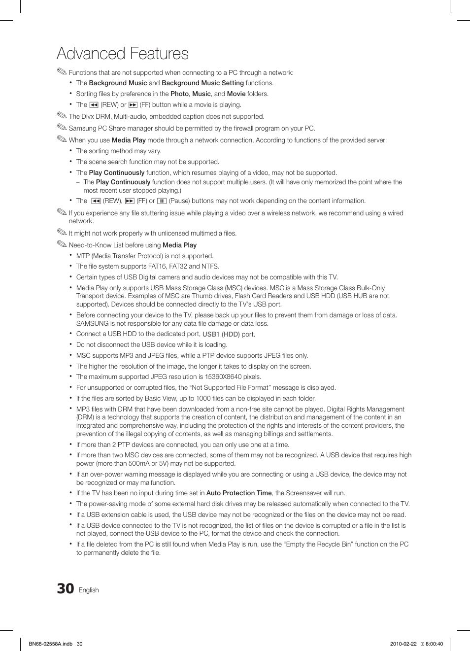 Advanced features | Samsung LE46C653M2W User Manual | Page 30 / 217