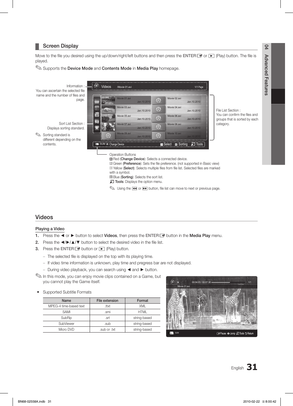 Videos, Screen display | Samsung LE46C653M2W User Manual | Page 31 / 217