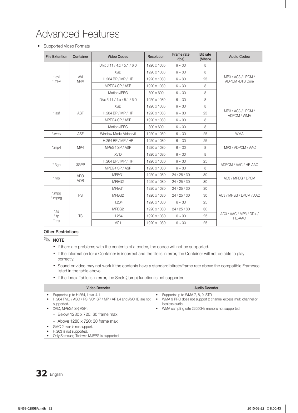 Advanced features | Samsung LE46C653M2W User Manual | Page 32 / 217