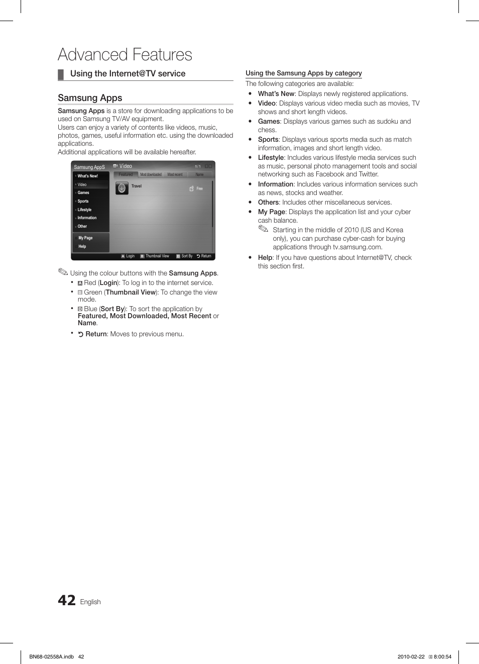 Advanced features, Samsung apps, Using the internet@tv service | Samsung LE46C653M2W User Manual | Page 42 / 217