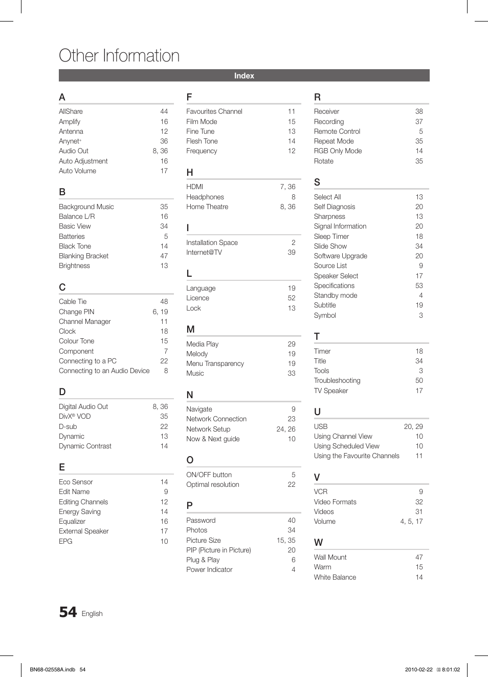Other information | Samsung LE46C653M2W User Manual | Page 54 / 217