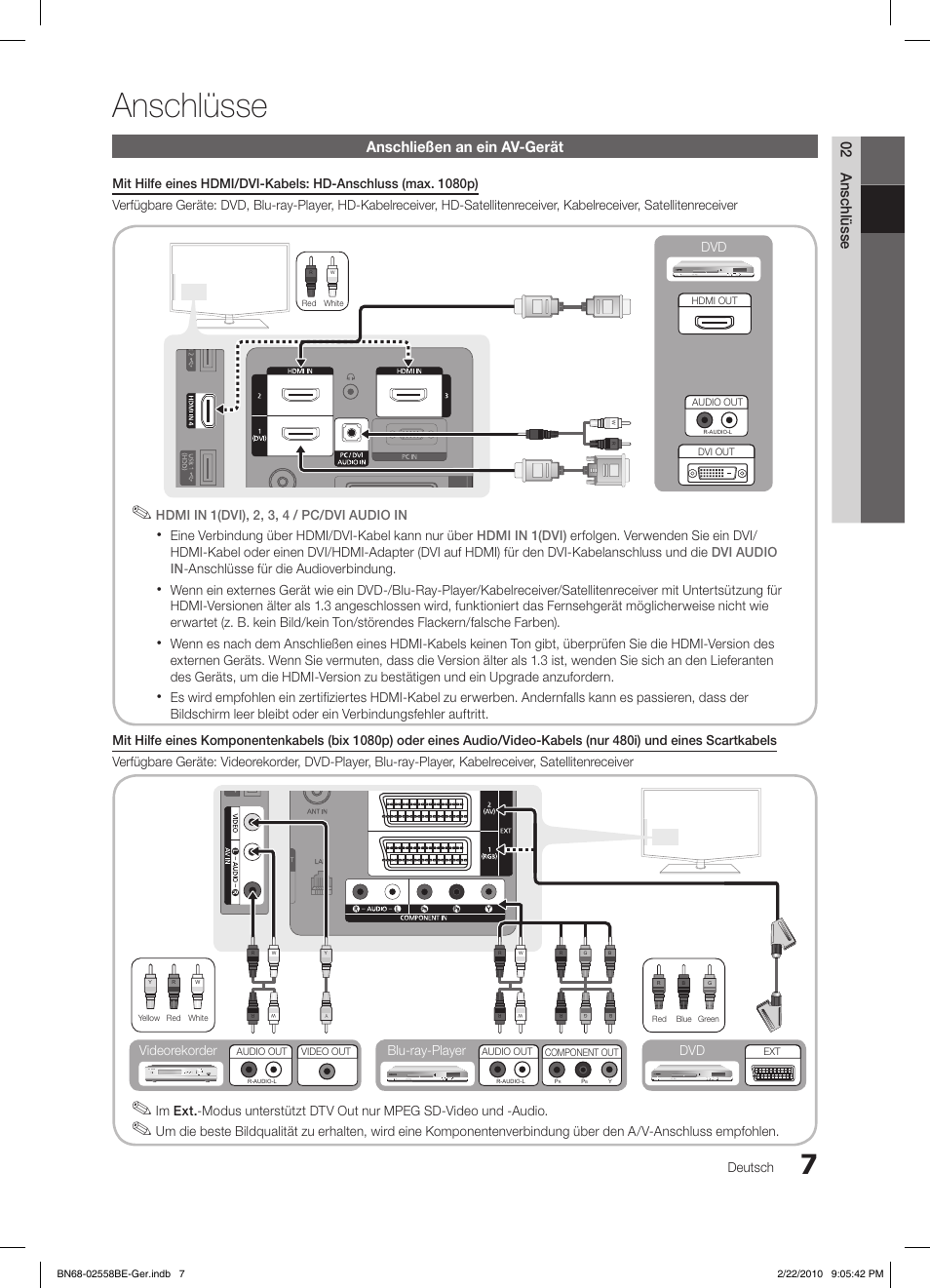 Anschlüsse, 02 anschlüsse, Anschließen an ein av-gerät | Deutsch, Eine verbindung über hdmi/dvi-kabel kann nur über, Blu-ray-player dvd videorekorder | Samsung LE46C653M2W User Manual | Page 61 / 217