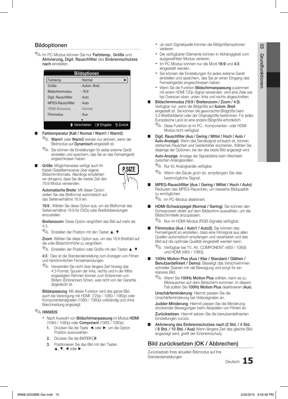 Bildoptionen, Bild zurücksetzen (ok / abbrechen) | Samsung LE46C653M2W User Manual | Page 69 / 217