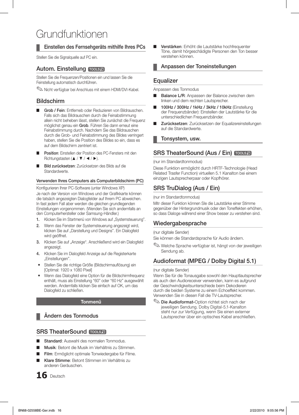 Grundfunktionen, Autom. einstellung, Bildschirm | Srs theatersound, Equalizer, Srs theatersound (aus / ein), Srs trudialog (aus / ein), Wiedergabesprache, Audioformat (mpeg / dolby digital 5.1) | Samsung LE46C653M2W User Manual | Page 70 / 217