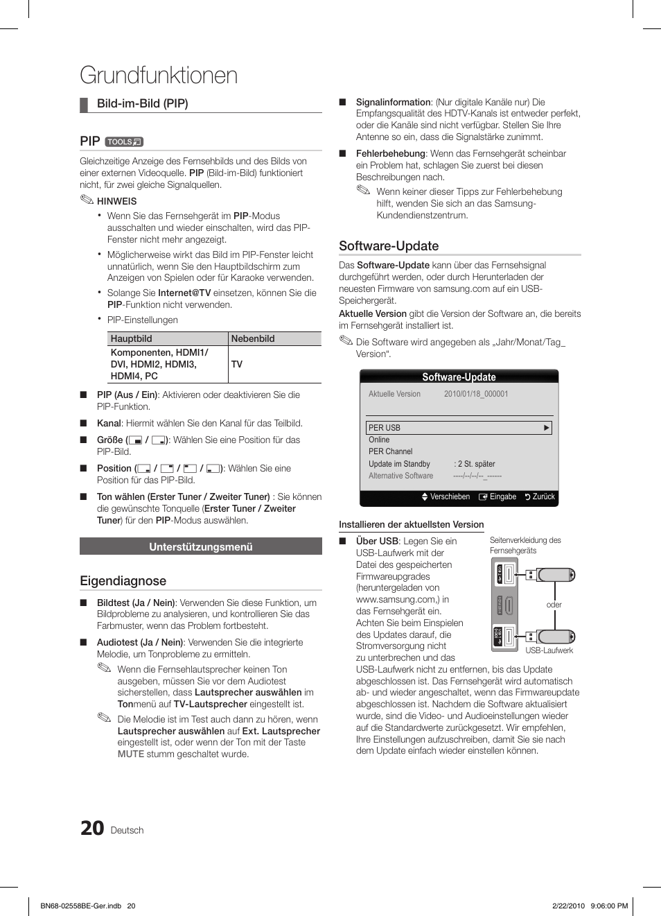 Grundfunktionen, Eigendiagnose, Software-update | Samsung LE46C653M2W User Manual | Page 74 / 217