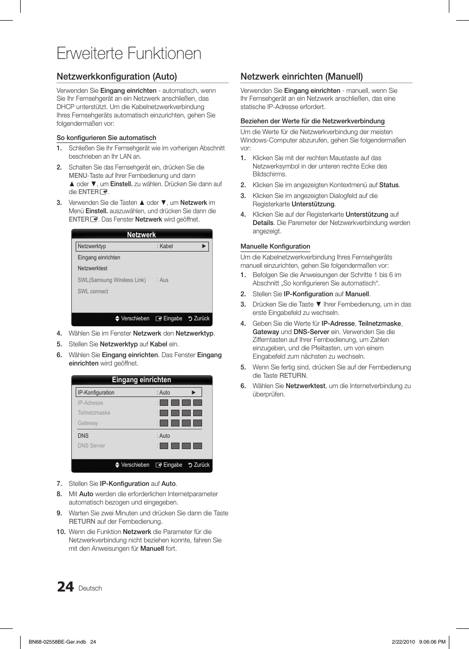 Erweiterte funktionen, Netzwerkkonfiguration (auto), Netzwerk einrichten (manuell) | Samsung LE46C653M2W User Manual | Page 78 / 217