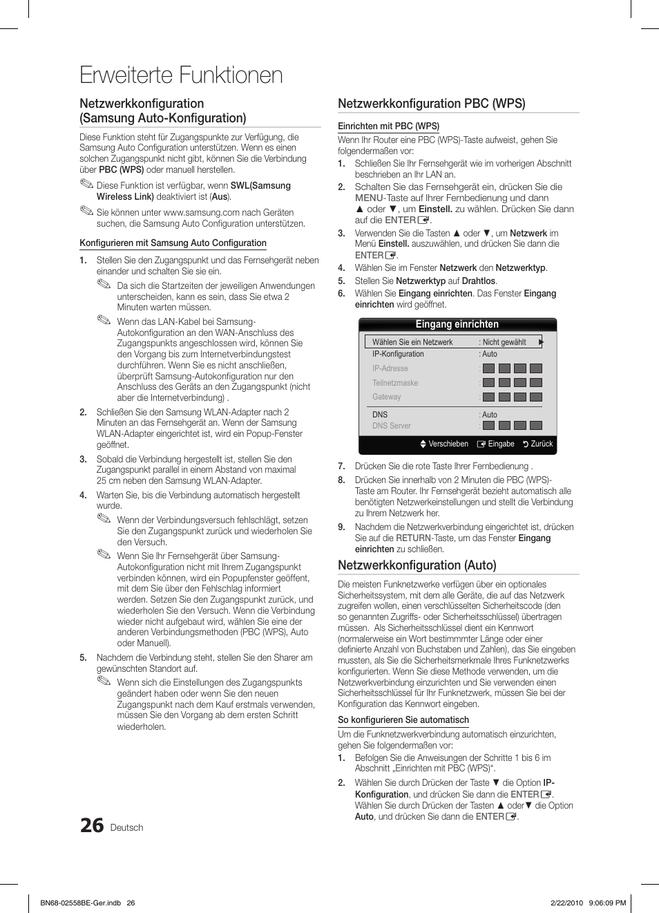 Erweiterte funktionen, Netzwerkkonfiguration (samsung auto-konfiguration), Netzwerkkonfiguration pbc (wps) | Netzwerkkonfiguration (auto) | Samsung LE46C653M2W User Manual | Page 80 / 217