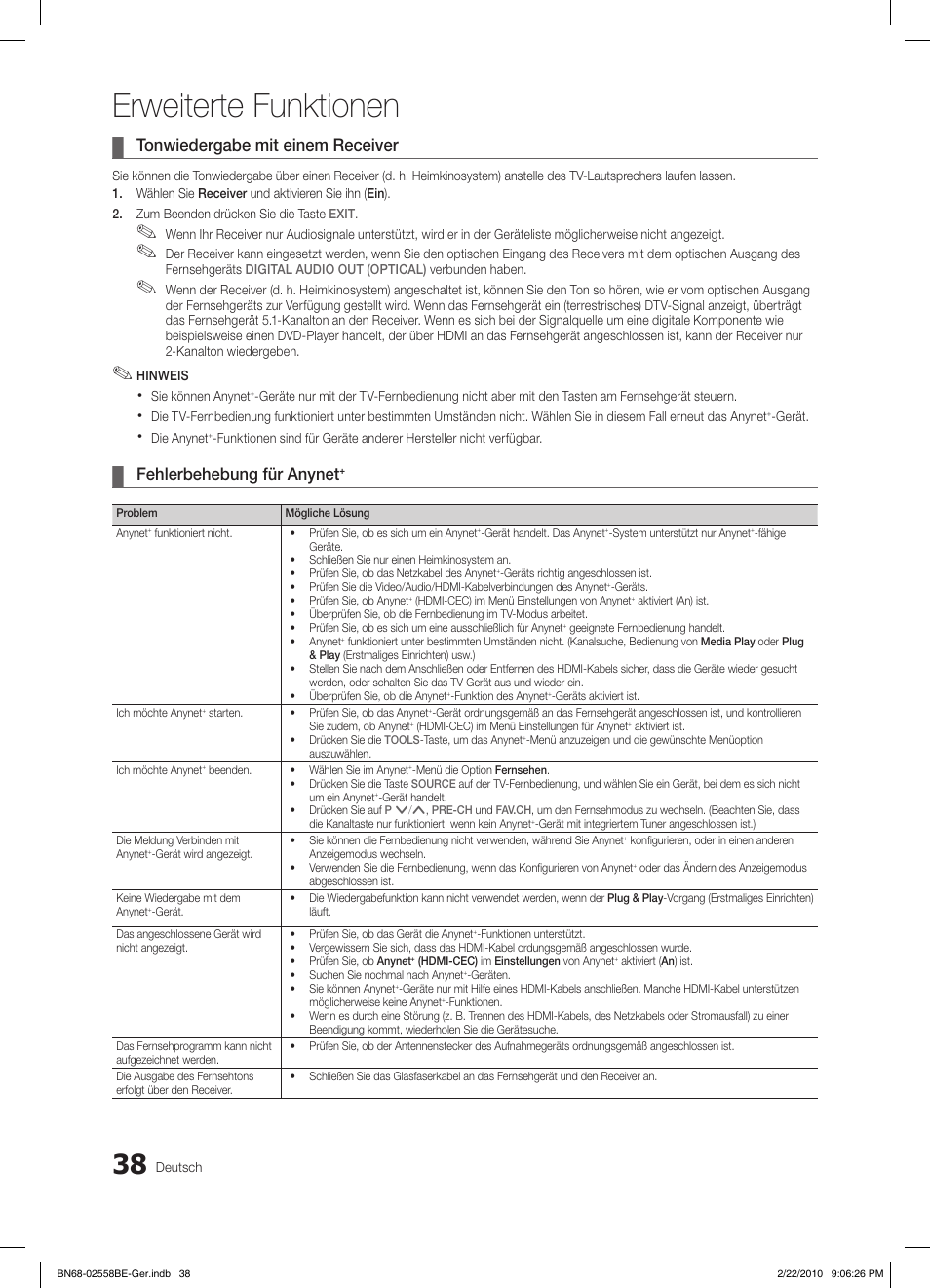 Erweiterte funktionen, Tonwiedergabe mit einem receiver, Fehlerbehebung für anynet | Samsung LE46C653M2W User Manual | Page 92 / 217